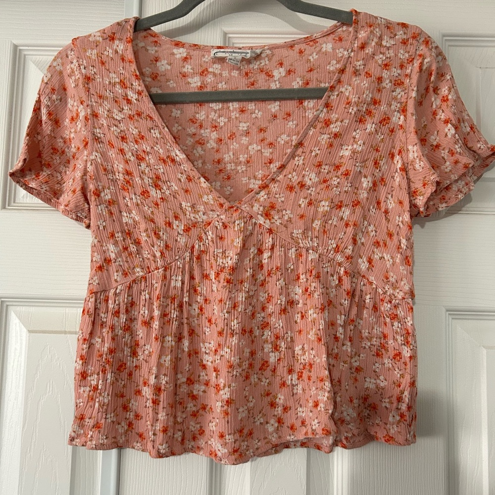 Hippie Rose Floral V-Neck Blouse - Peach and White